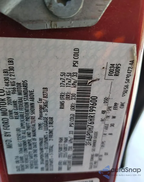 2017 Ford Fusion Se z USA, uszkodzony, nr VIN 3FA6P0H76HR199600